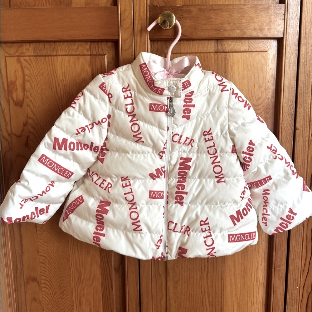 Moncler Kids White Puffer Jacket with Red Logo Allover